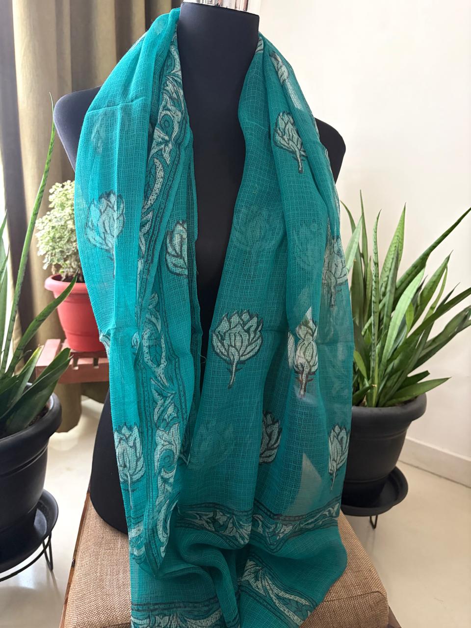 Hand Block Printed Kota Cotton Stole Soft Light Airy - Sea Green