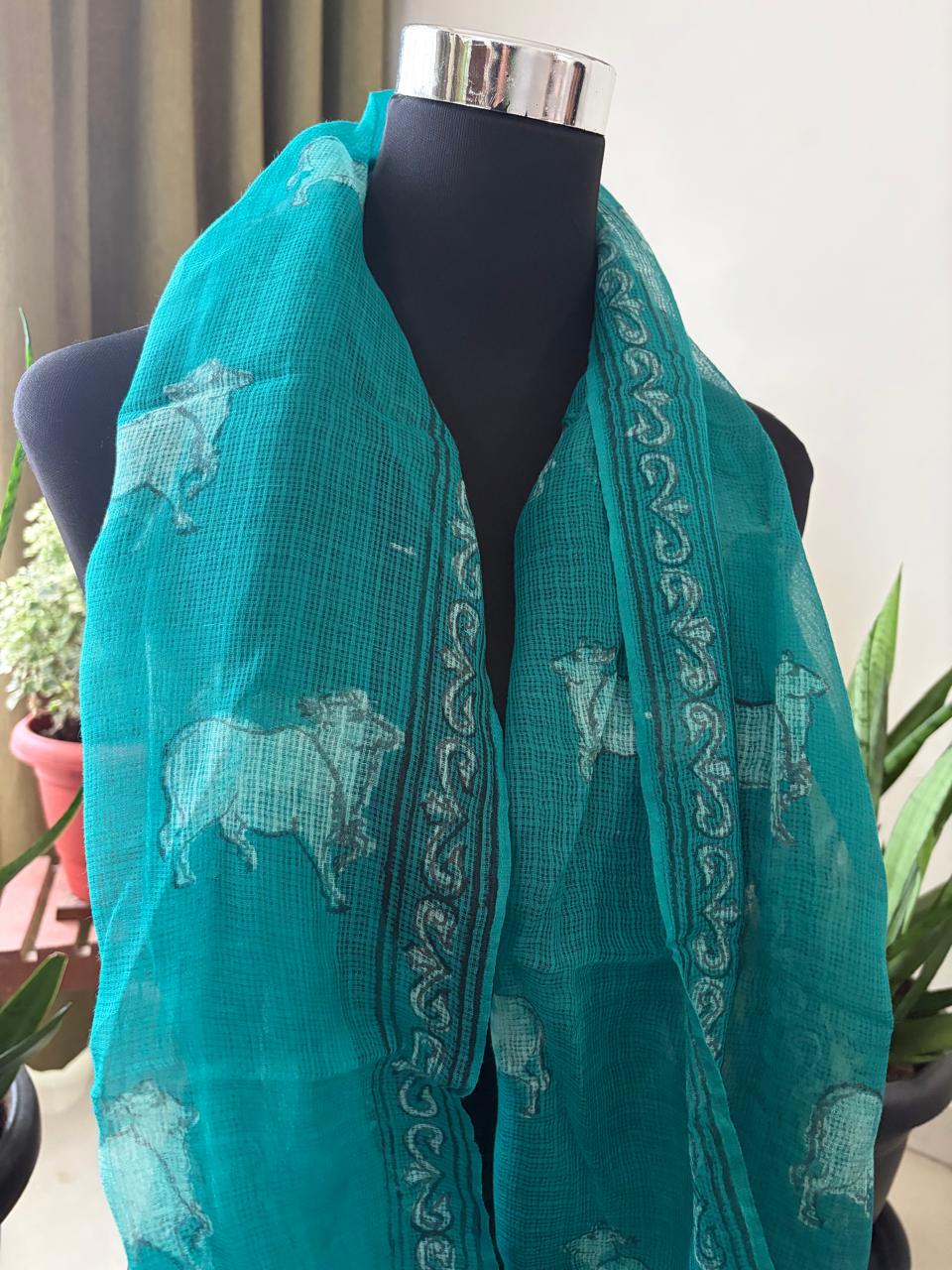 Hand Block Printed Kota Cotton Stole  Soft Light  Airy - Sea Green