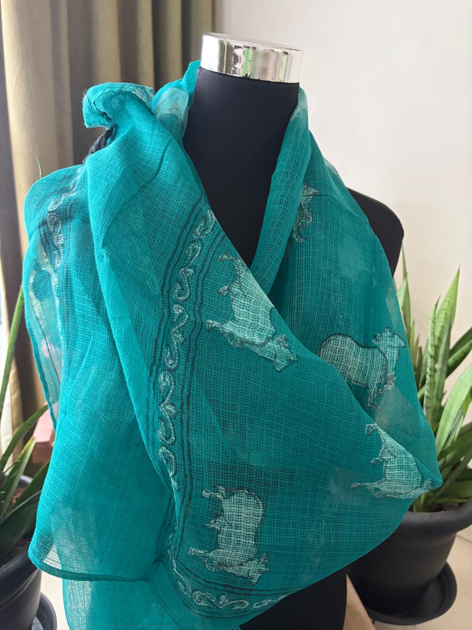 Hand Block Printed Kota Cotton Stole  Soft Light  Airy - Sea Green