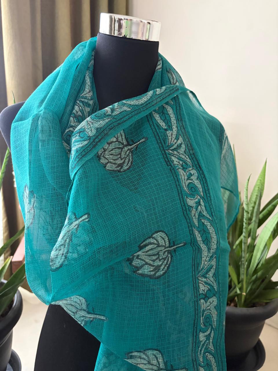 Hand Block Printed Kota Cotton Stole Soft Light Airy - Sea Green