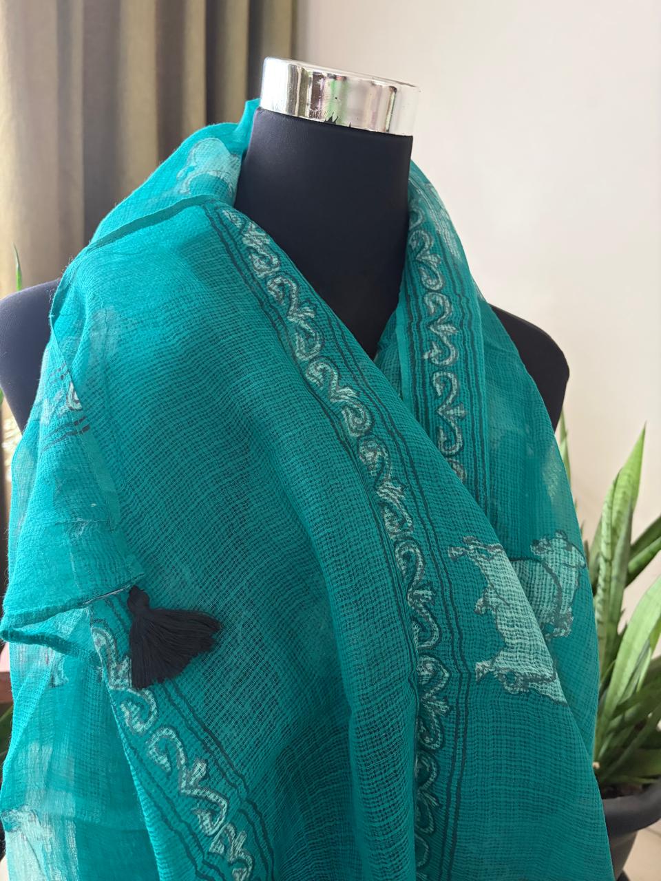 Hand Block Printed Kota Cotton Stole  Soft Light  Airy - Sea Green
