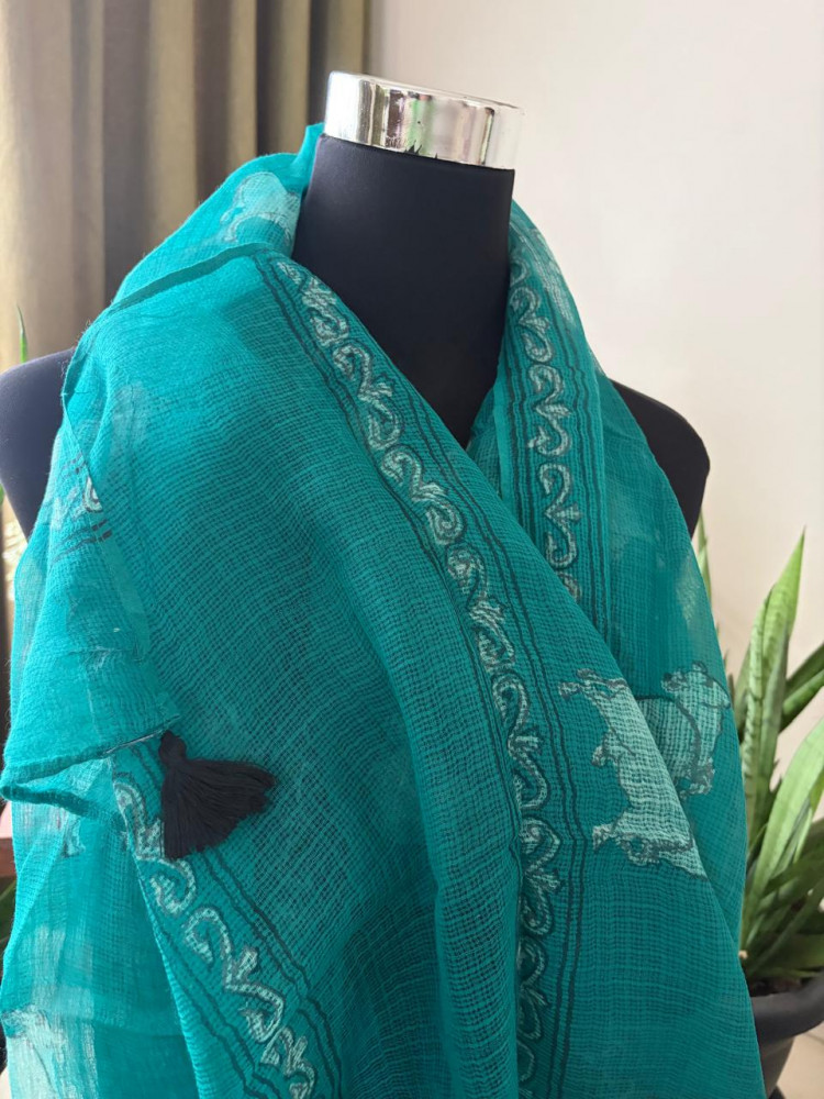Image of Hand Block Printed Kota Cotton Stole – Soft, Light &amp; Airy - Sea Green