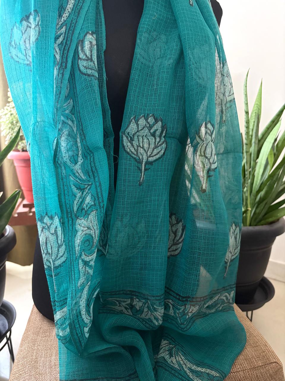 Hand Block Printed Kota Cotton Stole  Soft Light  Airy - Sea Green