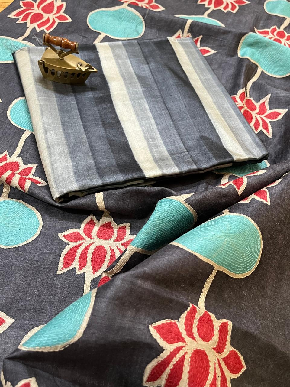 Hand Embroidered Kantha Silk Dupatta - With Striped Silk Kurta