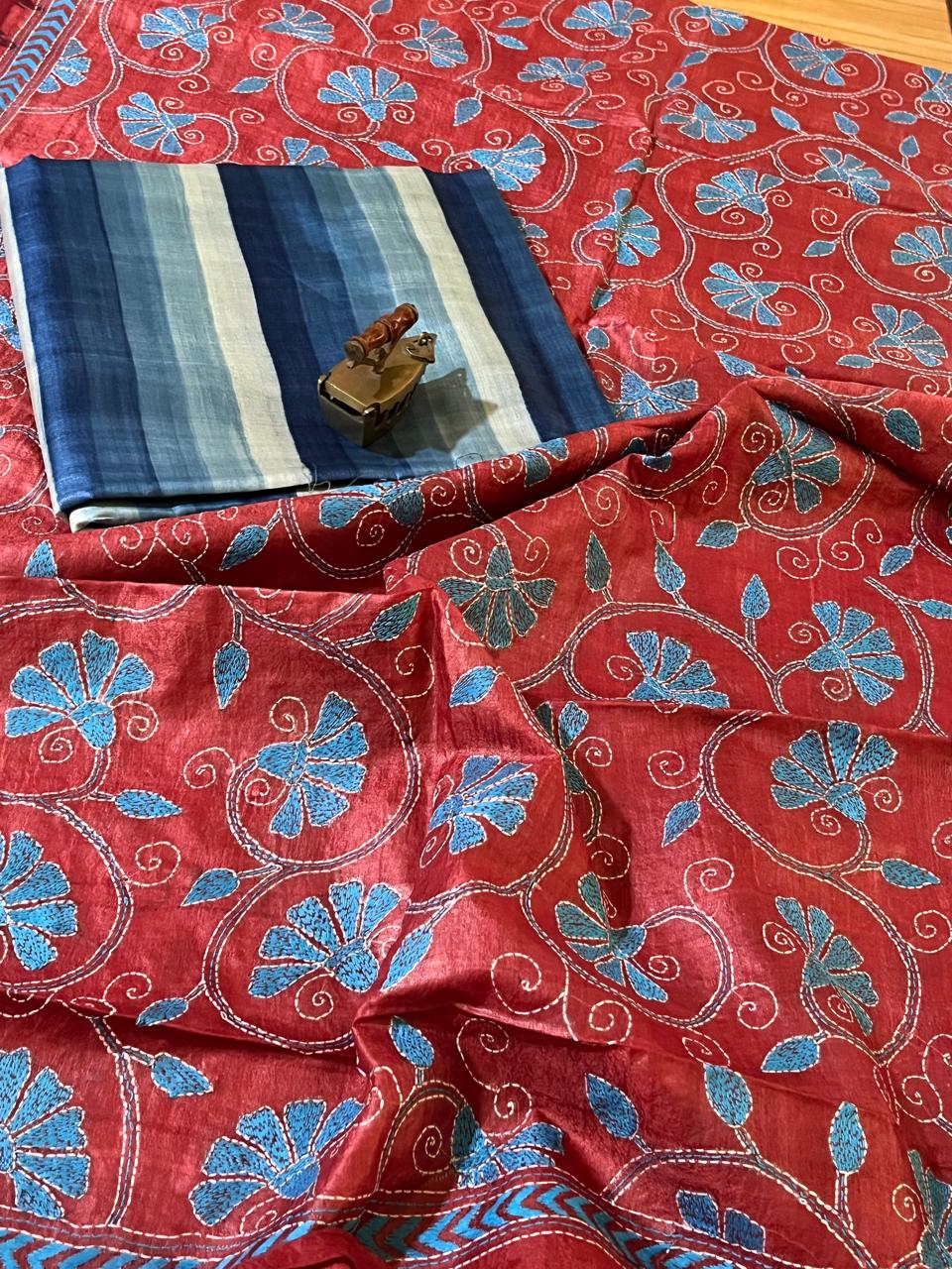 Hand Embroidered Kantha Silk Dupatta - With Striped Silk Kurta