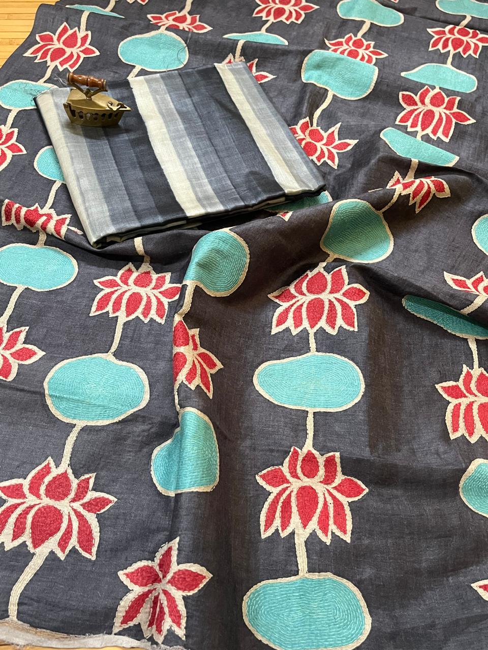 Hand Embroidered Kantha Silk Dupatta - With Striped Silk Kurta