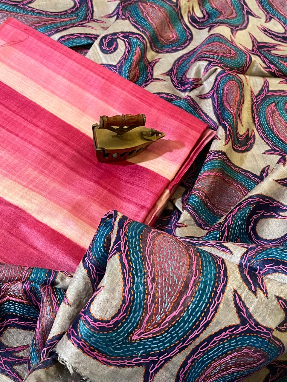 Hand Embroidered Kantha Silk Dupatta - With Striped Silk Kurta