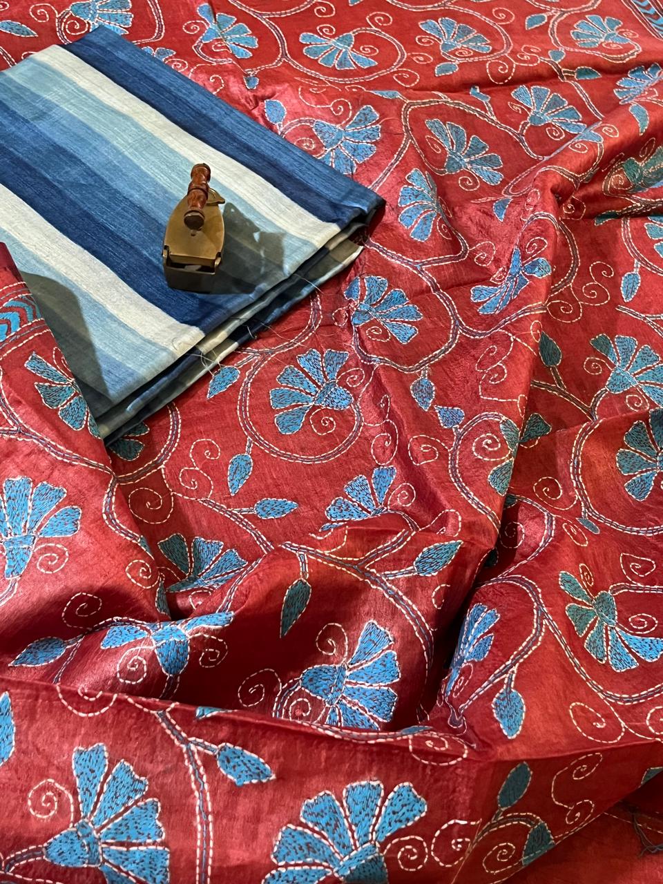 Hand Embroidered Kantha Silk Dupatta - With Striped Silk Kurta