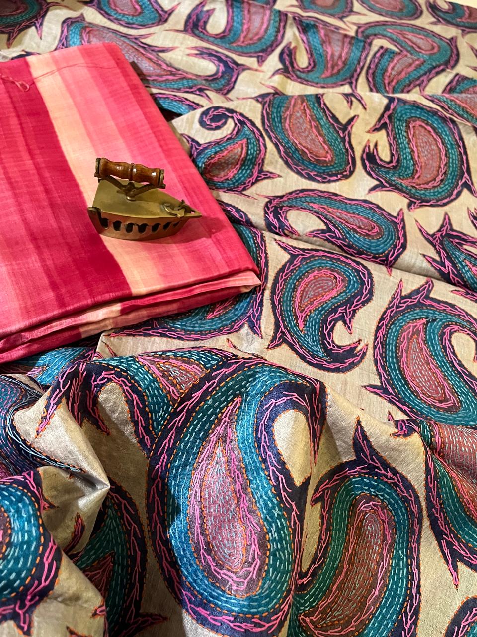 Hand Embroidered Kantha Silk Dupatta - With Striped Silk Kurta