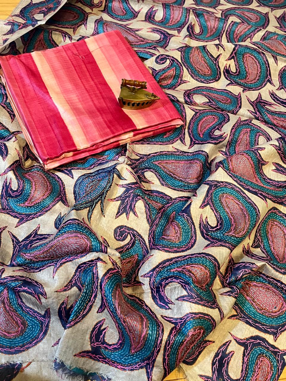 Hand Embroidered Kantha Silk Dupatta - With Striped Silk Kurta