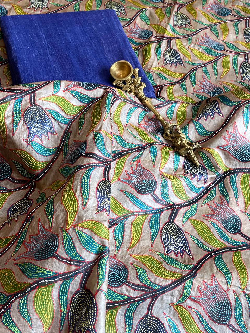 Hand Embroidered Kantha Silk Dupatta with Silk Kurta - With Blue Kurta