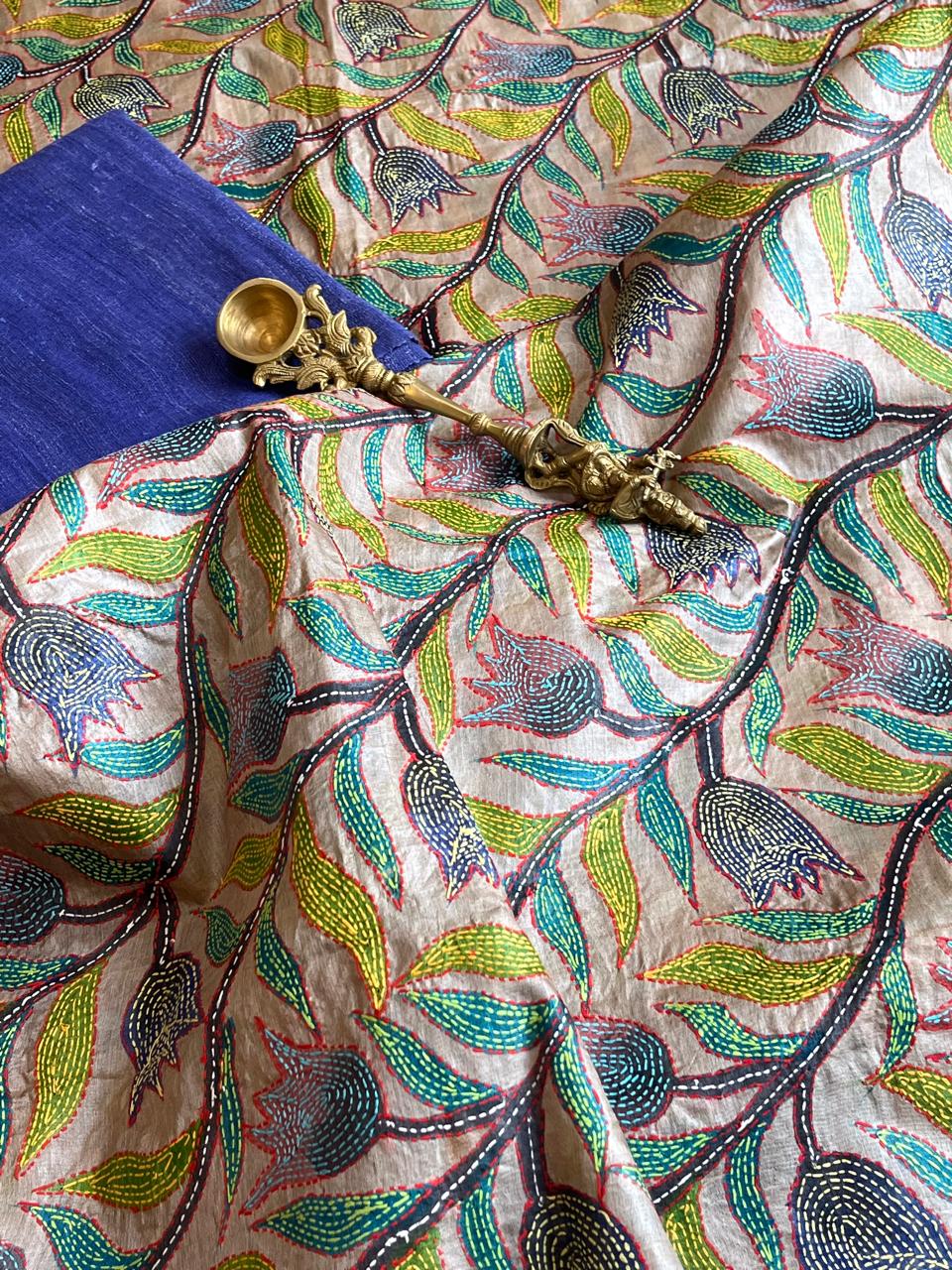 Hand Embroidered Kantha Silk Dupatta with Silk Kurta - With Blue Kurta