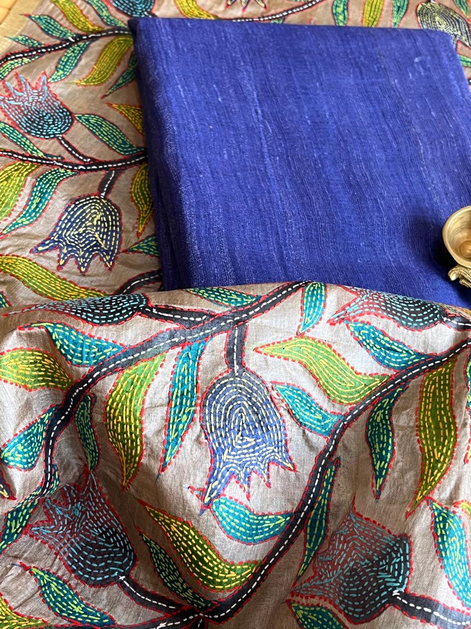 Hand Embroidered Kantha Silk Dupatta with Silk Kurta - With Blue Kurta