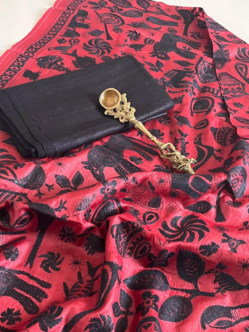 Hand Embroidered Kantha Silk Dupatta with Silk Kurta - With Black Kurta