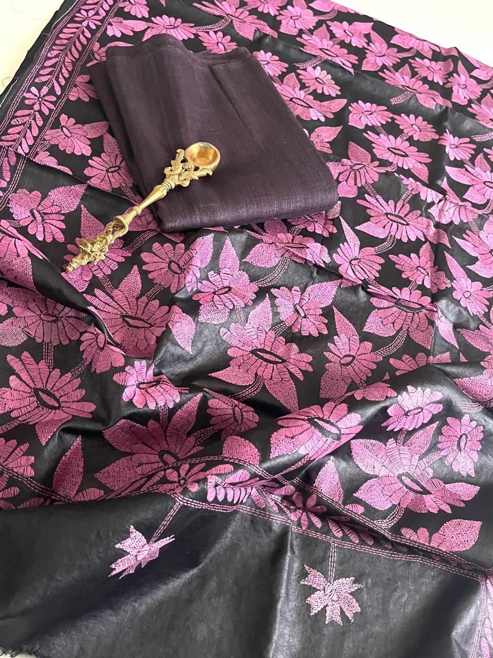 Hand Embroidered Kantha Silk Dupatta with Silk Kurta - With Wine Kurta