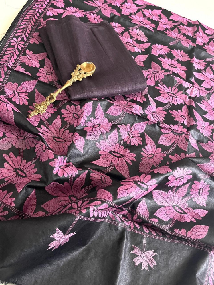 Image of Hand Embroidered Kantha Silk Dupatta with Silk Kurta - With Wine Kurta