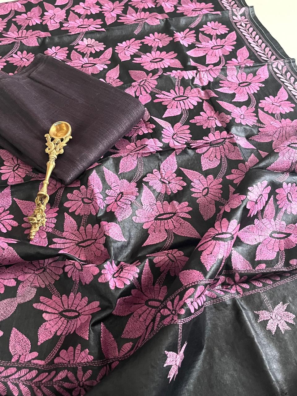 Hand Embroidered Kantha Silk Dupatta with Silk Kurta - With Wine Kurta