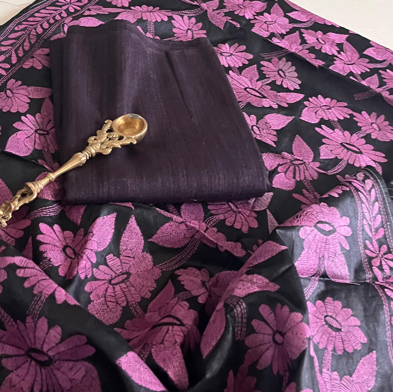 Hand Embroidered Kantha Silk Dupatta with Silk Kurta - With Wine Kurta