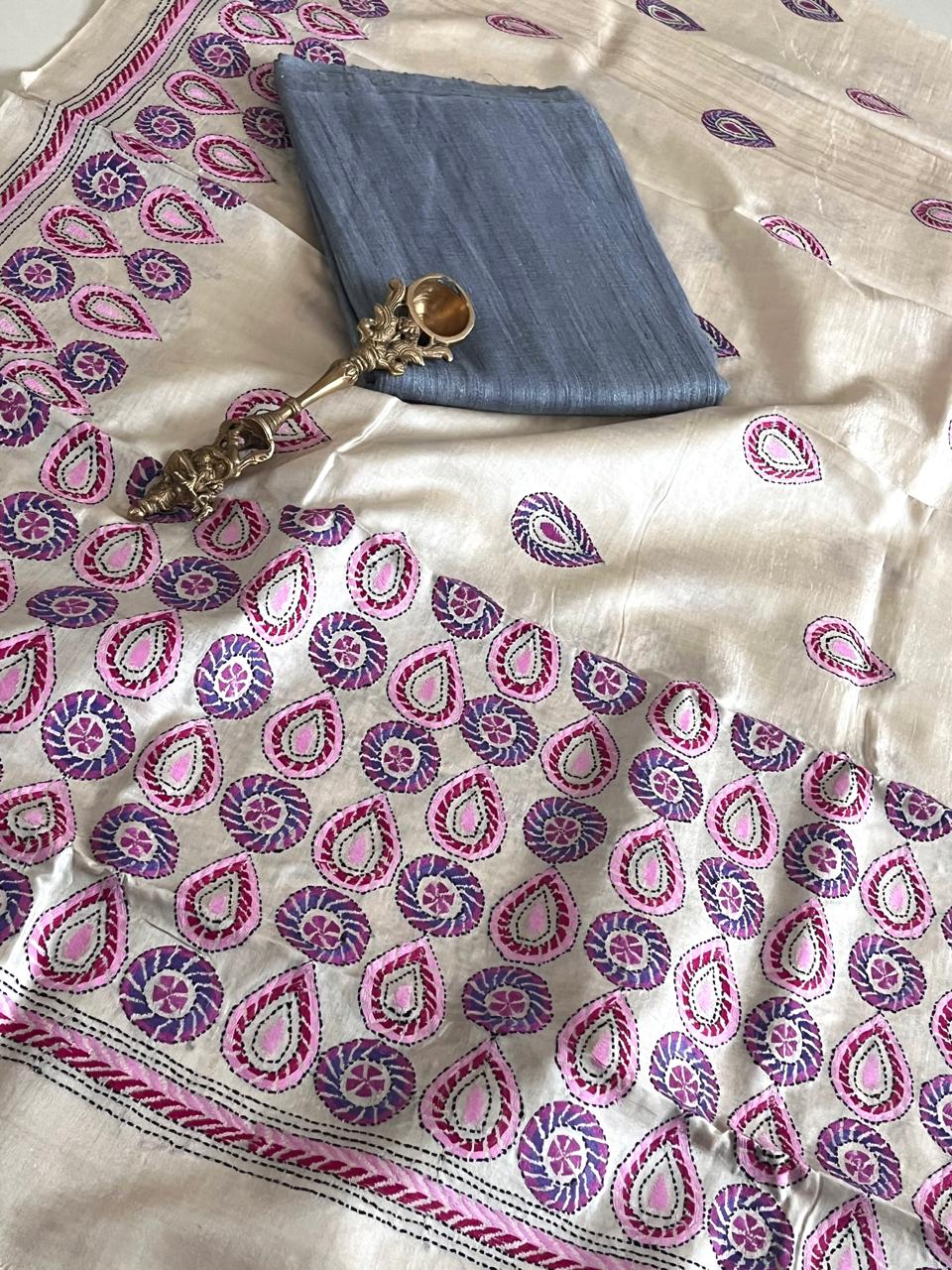 Hand Embroidered Kantha Silk Dupatta with Silk Kurta - With Grey Kurta