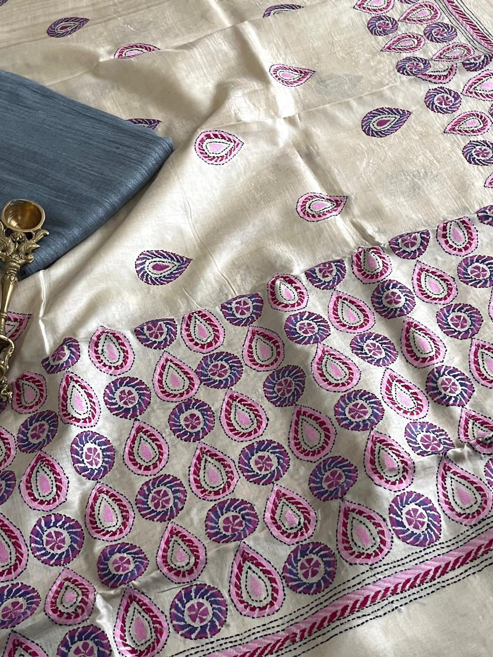 Hand Embroidered Kantha Silk Dupatta with Silk Kurta - With Grey Kurta
