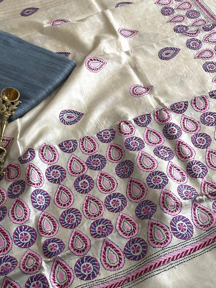 Image of Hand Embroidered Kantha Silk Dupatta with Silk Kurta - With Grey Kurta