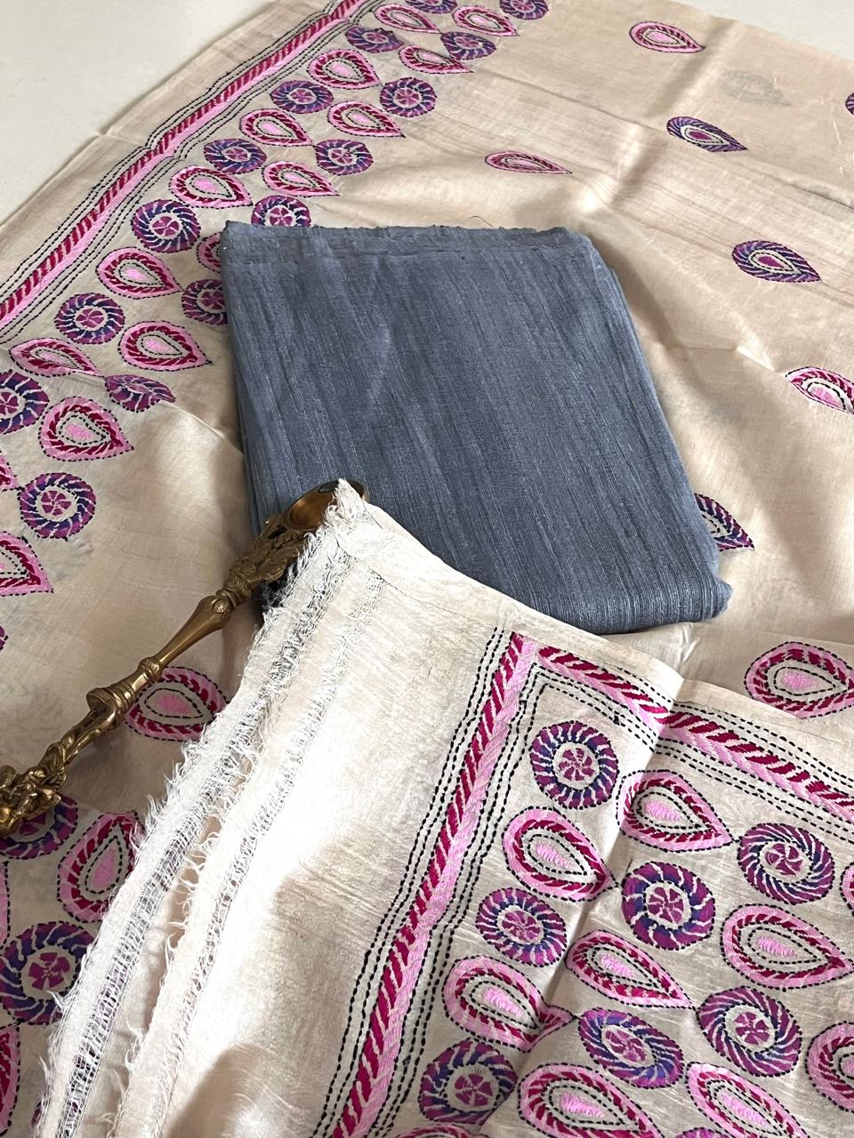 Hand Embroidered Kantha Silk Dupatta with Silk Kurta - With Grey Kurta