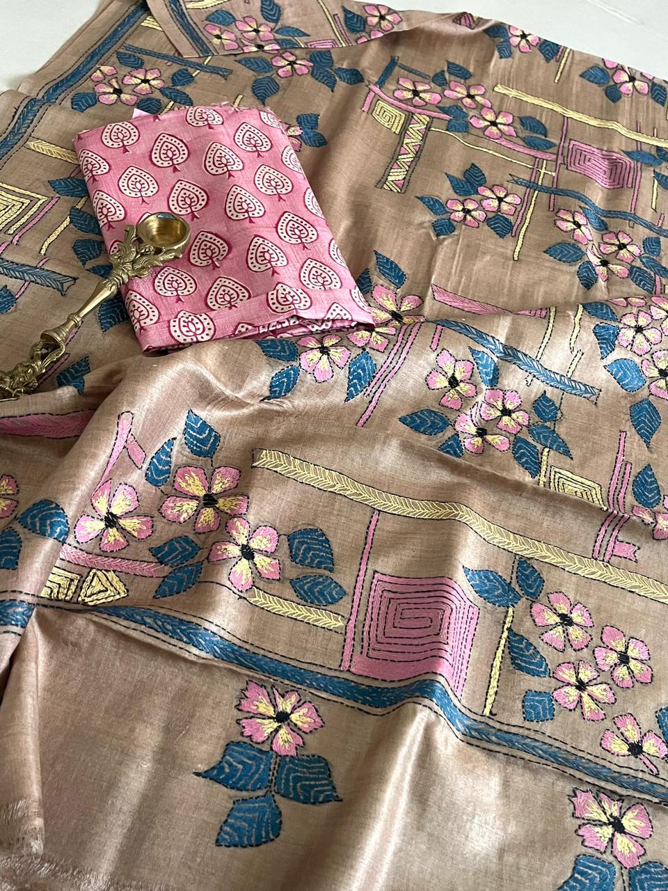Hand Embroidered Kantha Silk Dupatta with Silk Kurta - With Pink Kurta
