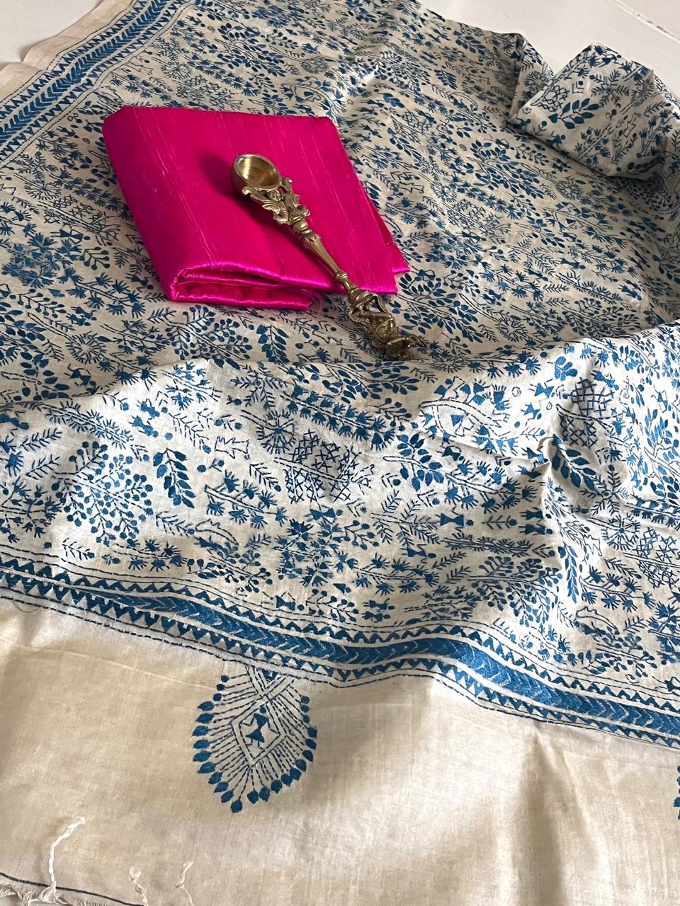 Hand Embroidered Kantha Silk Dupatta with Silk Kurta - With Hot Pink Kurta