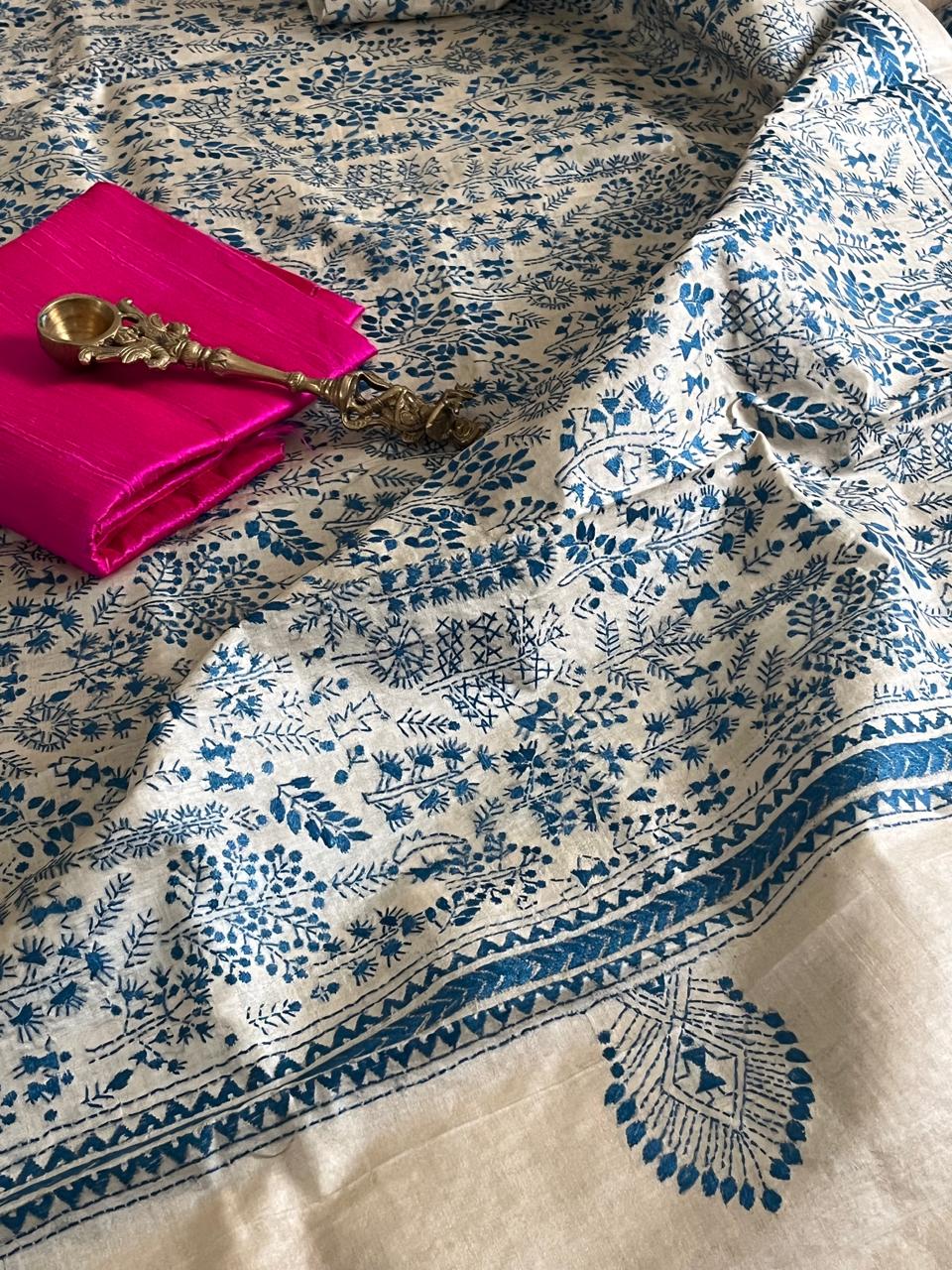 Hand Embroidered Kantha Silk Dupatta with Silk Kurta - With Hot Pink Kurta