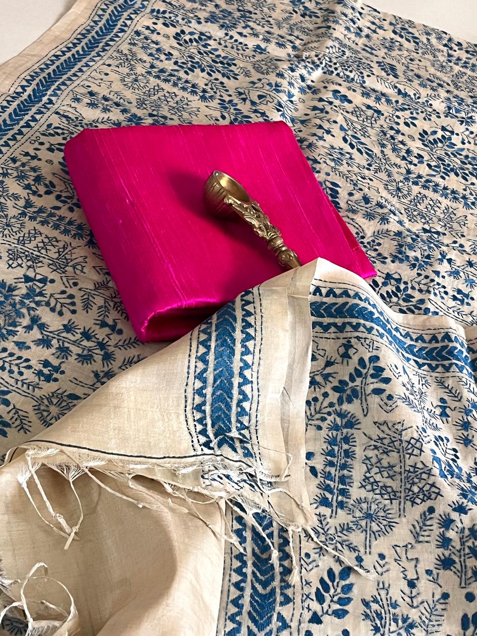 Hand Embroidered Kantha Silk Dupatta with Silk Kurta - With Hot Pink Kurta