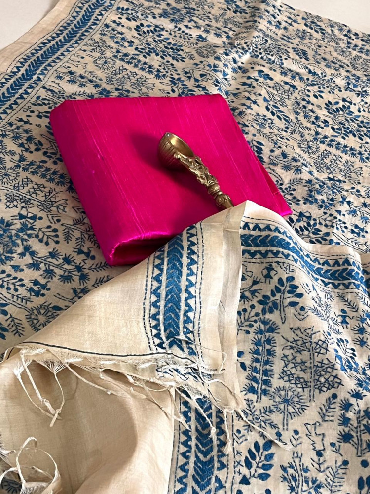 Image of Hand Embroidered Kantha Silk Dupatta with Silk Kurta - With Hot Pink Kurta