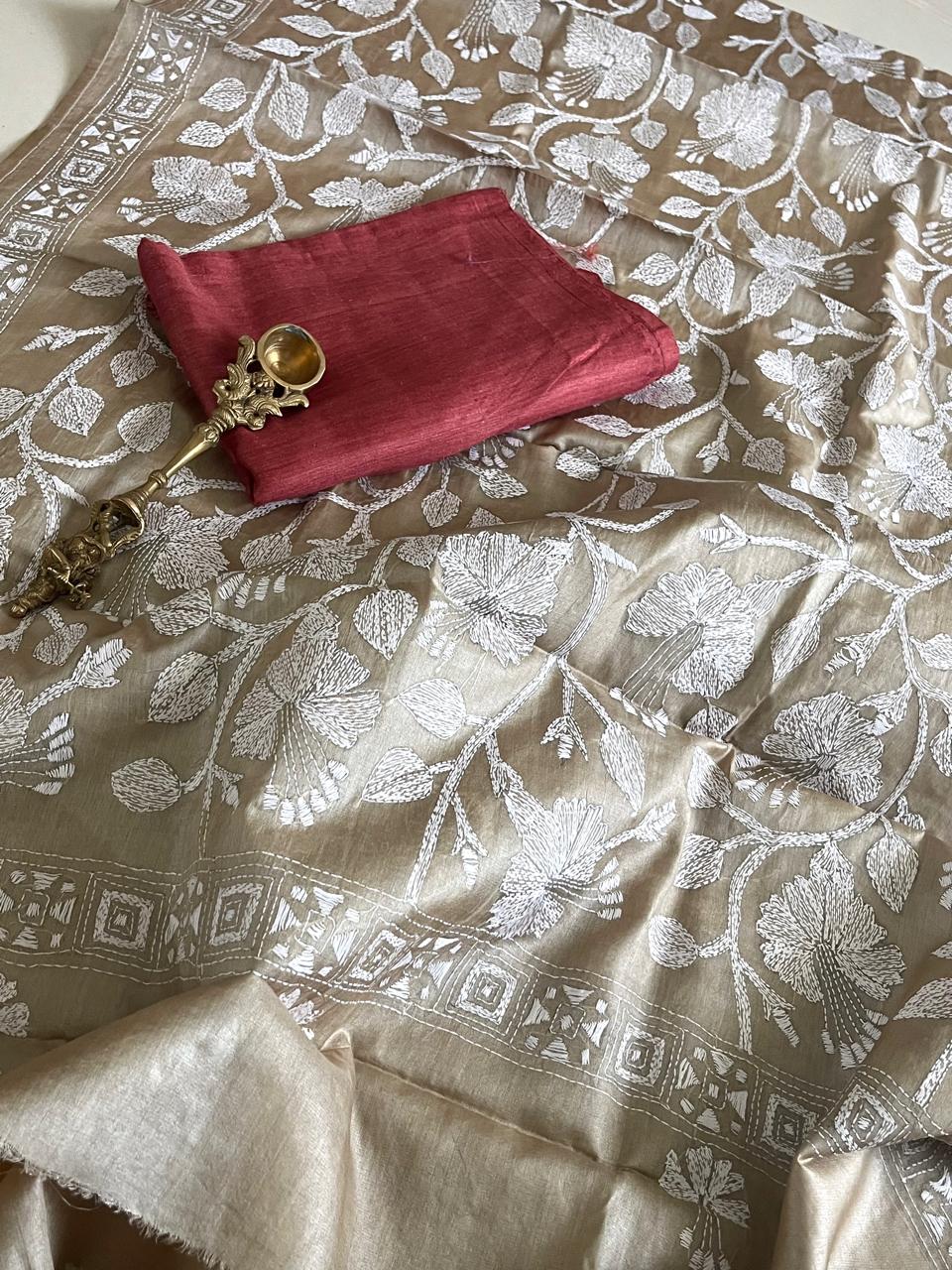 Hand Embroidered Kantha Silk Dupatta with Silk Kurta - With Red Kurta