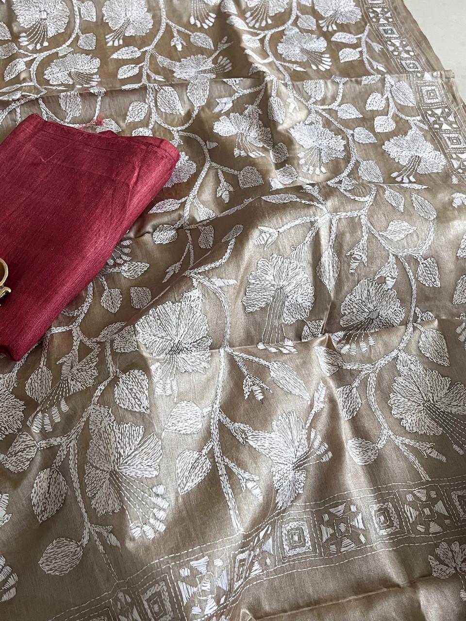 Hand Embroidered Kantha Silk Dupatta with Silk Kurta - With Red Kurta