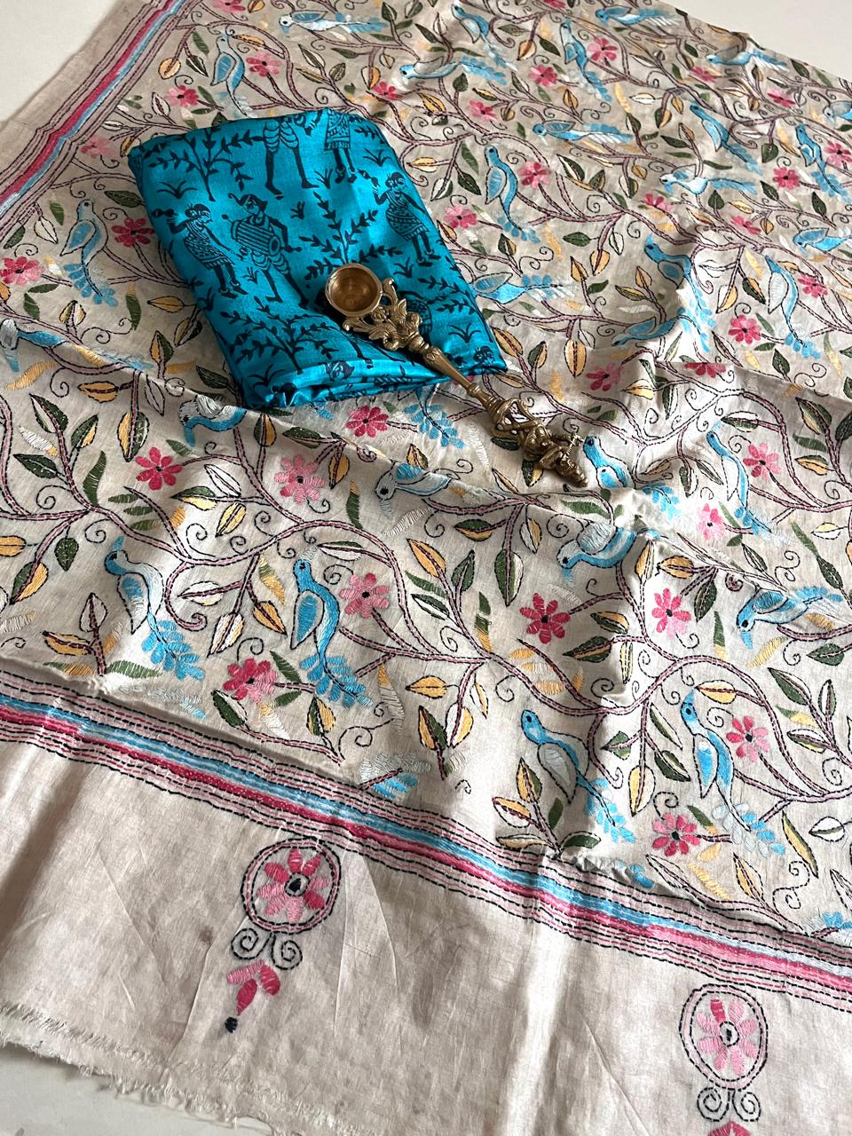 Hand Embroidered Kantha Silk Dupatta with Silk Kurta - With Blue Kurta