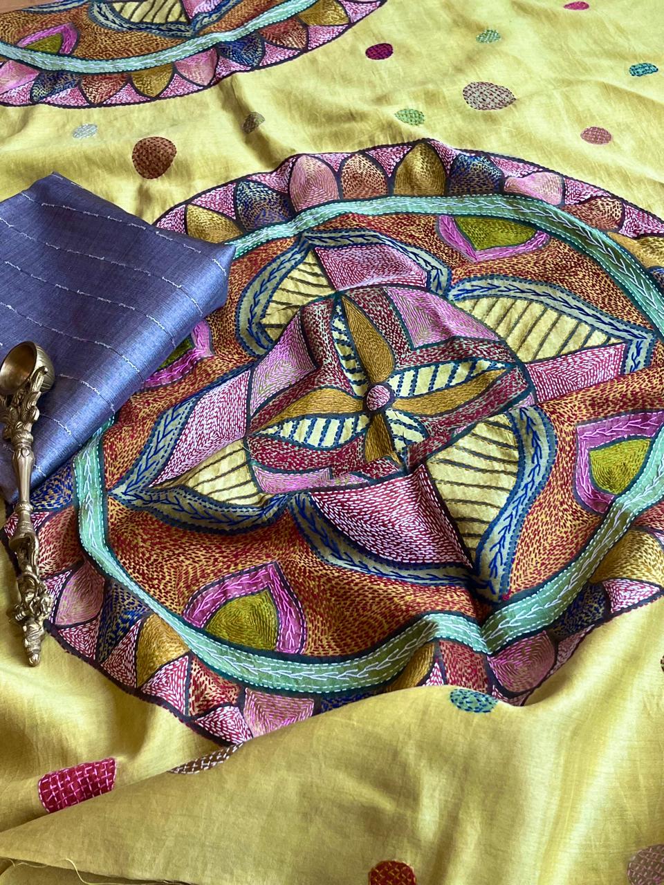 Hand Embroidered Kantha Silk Dupatta with Silk Kurta - With Grey Kurta