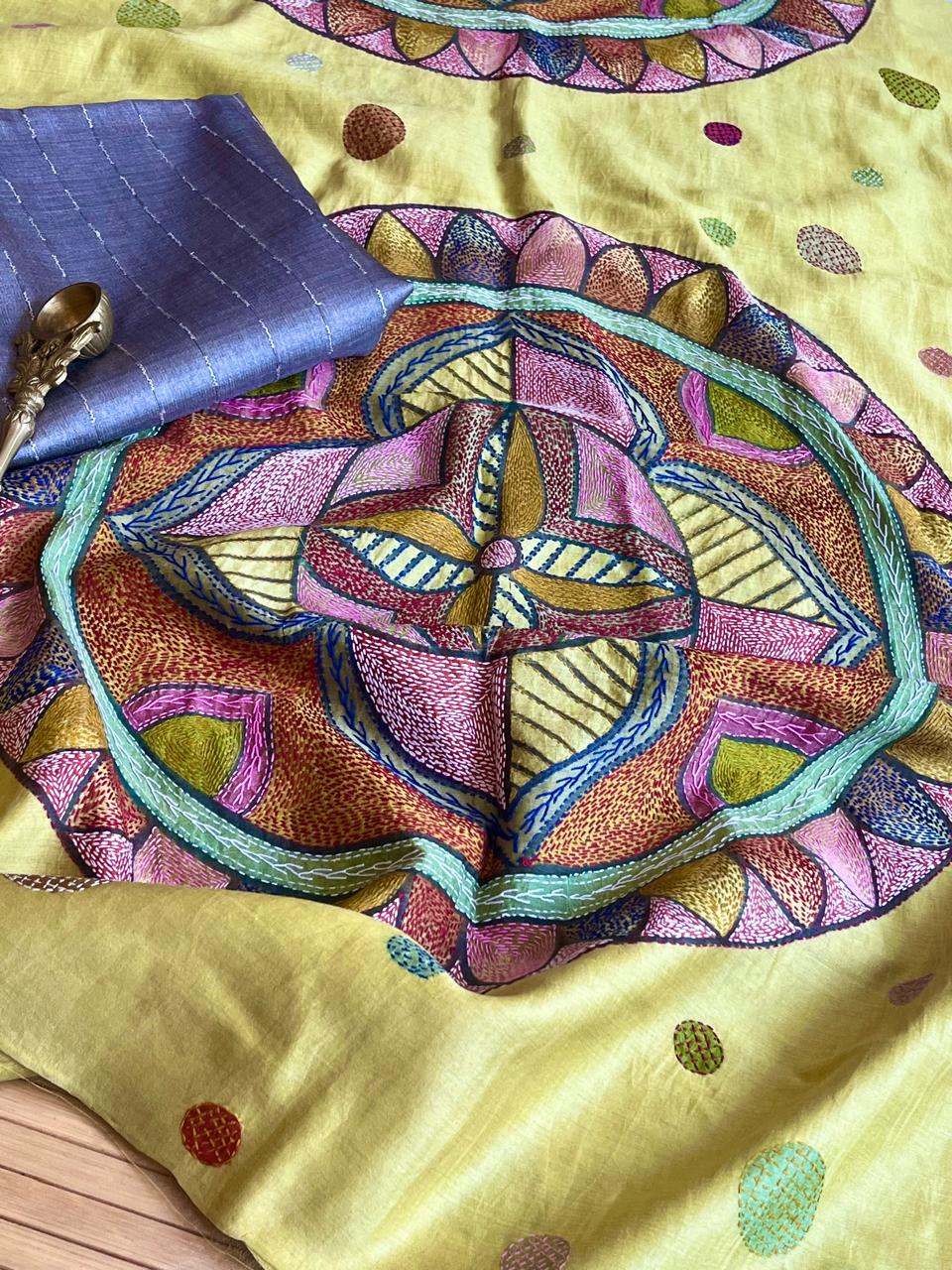 Hand Embroidered Kantha Silk Dupatta with Silk Kurta - With Grey Kurta