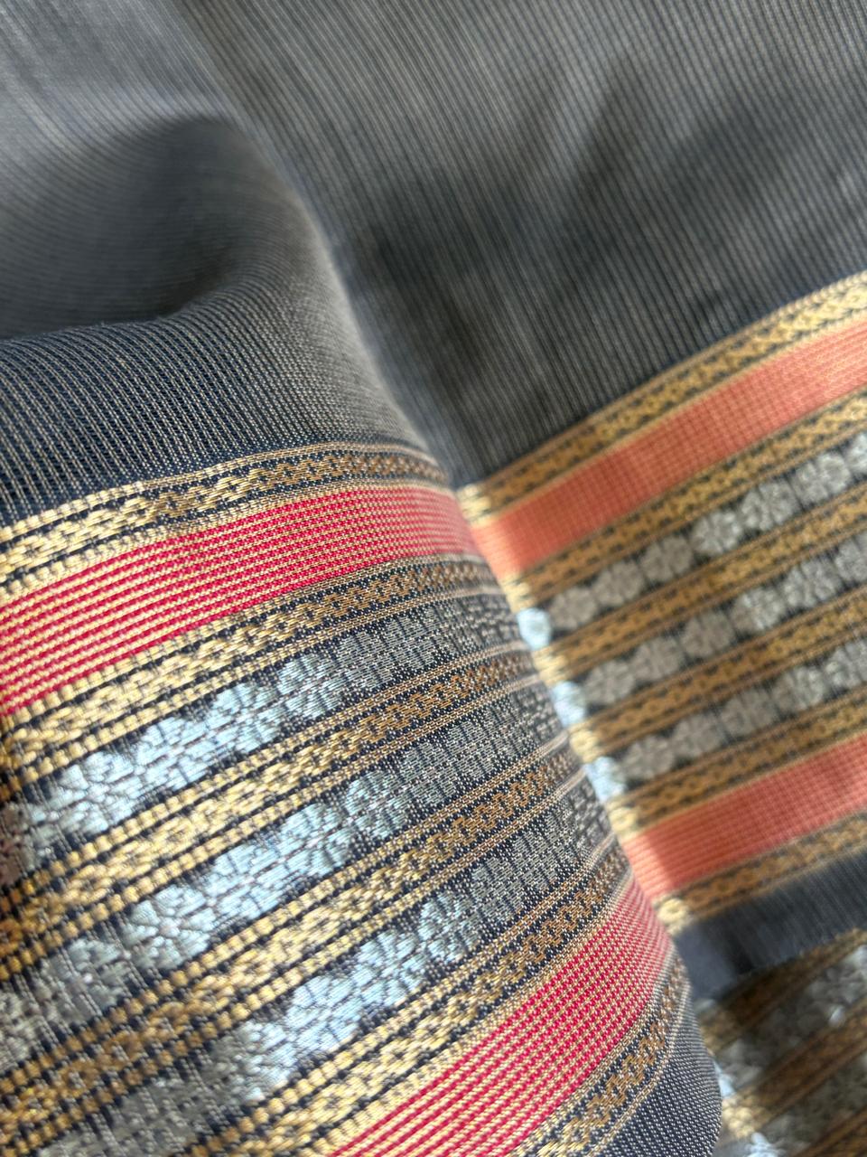 Pure Handwoven Maheshwari Saree - Charcoal Black with Copper Orange  Gold Accents  Authentic Artisan Woven