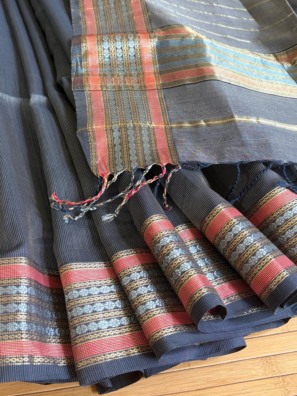 Pure Handwoven Maheshwari Saree - Charcoal Black with Copper Orange  Gold Accents  Authentic Artisan Woven