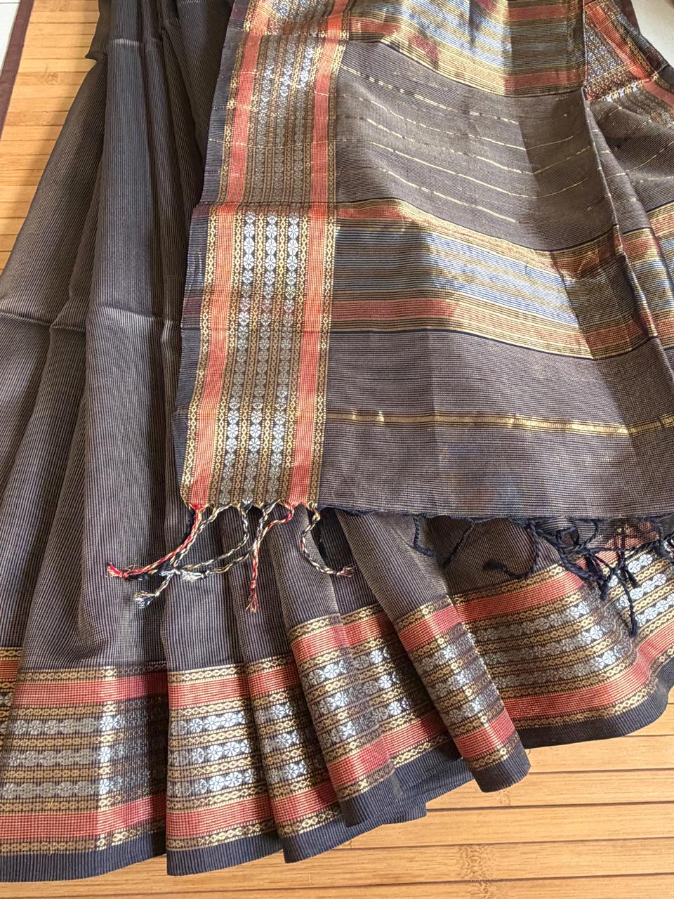 Pure Handwoven Maheshwari Saree - Charcoal Black with Copper Orange Gold Accents Authentic Artisan Woven