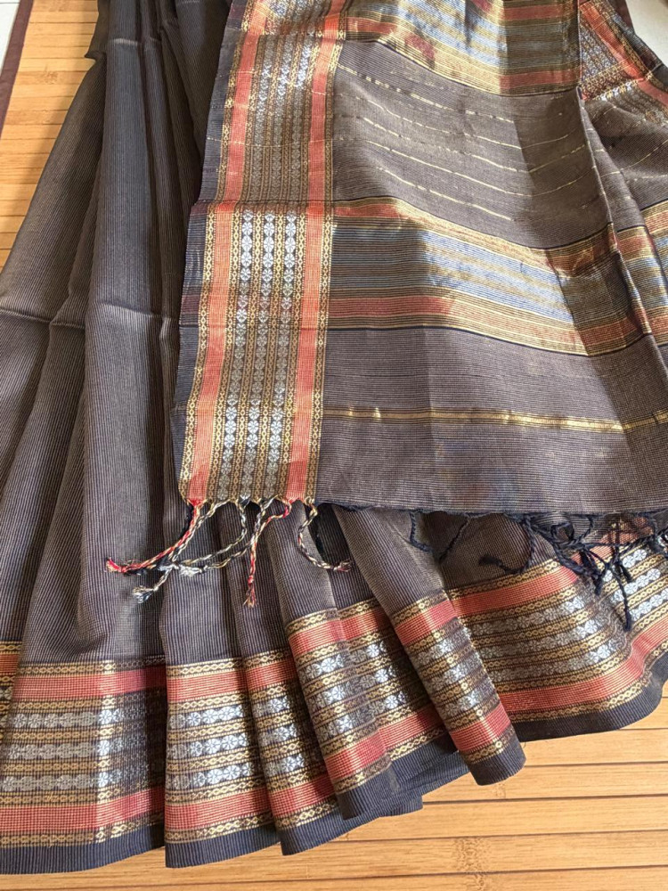 Image of Pure Handwoven Maheshwari Saree - Charcoal Black with Copper Orange &amp; Gold Accents | Authentic Artisan Woven