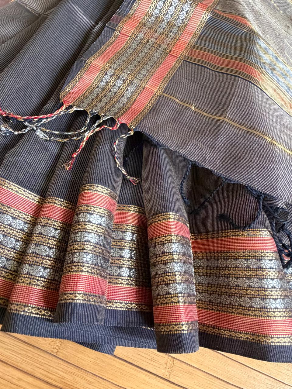 Pure Handwoven Maheshwari Saree - Charcoal Black with Copper Orange Gold Accents Authentic Artisan Woven