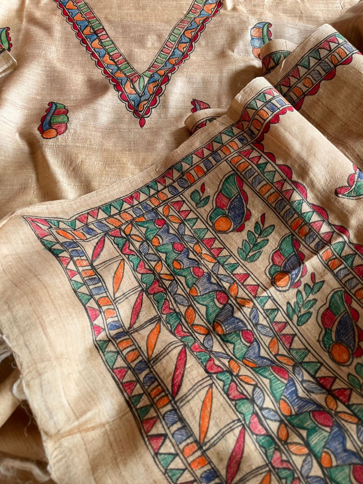 Handpainted Madhubani Pure Tussar Silk Kurta Dupatta sets