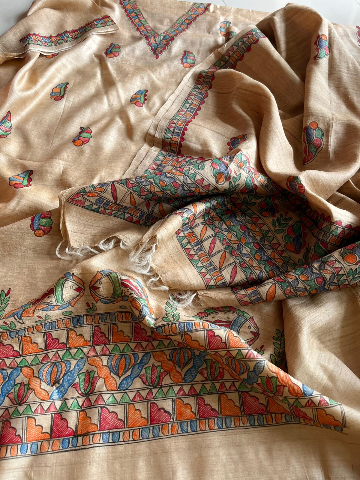Handpainted Madhubani Pure Tussar Silk Kurta Dupatta sets