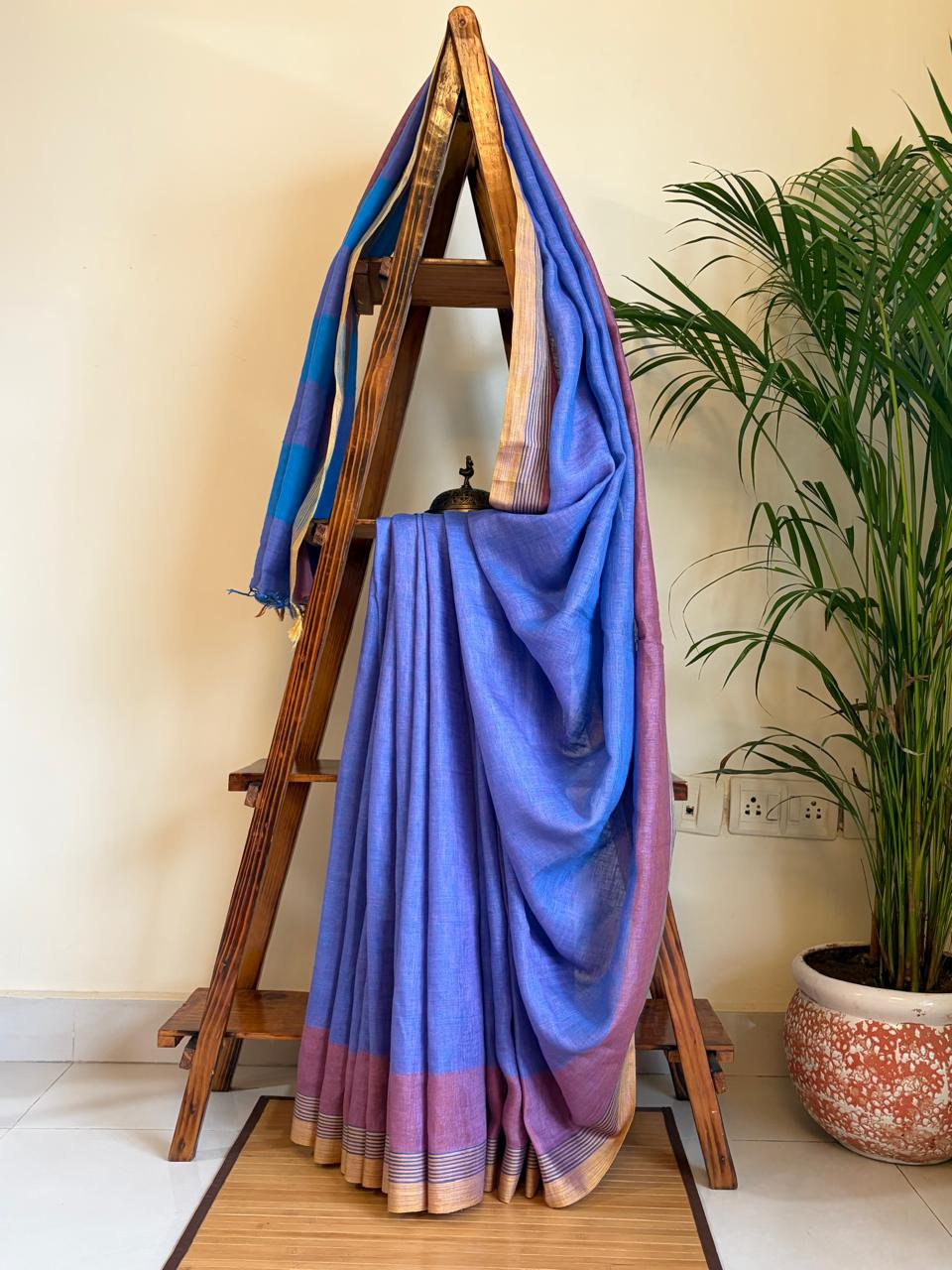 Pure Linen Handloom Saree with contrast border - Blue