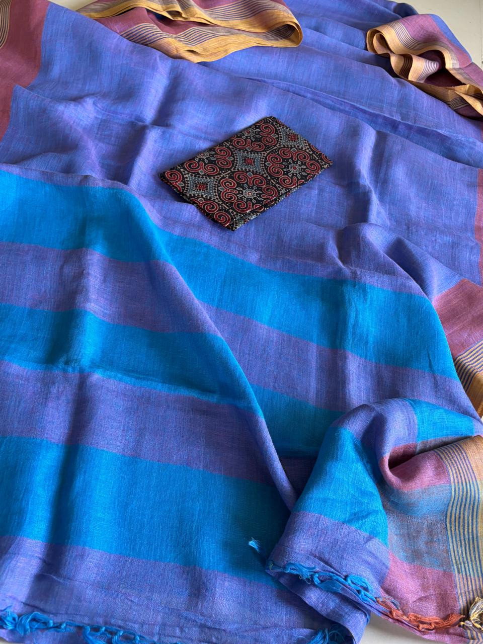 Pure Linen Handloom Saree with contrast border - Blue