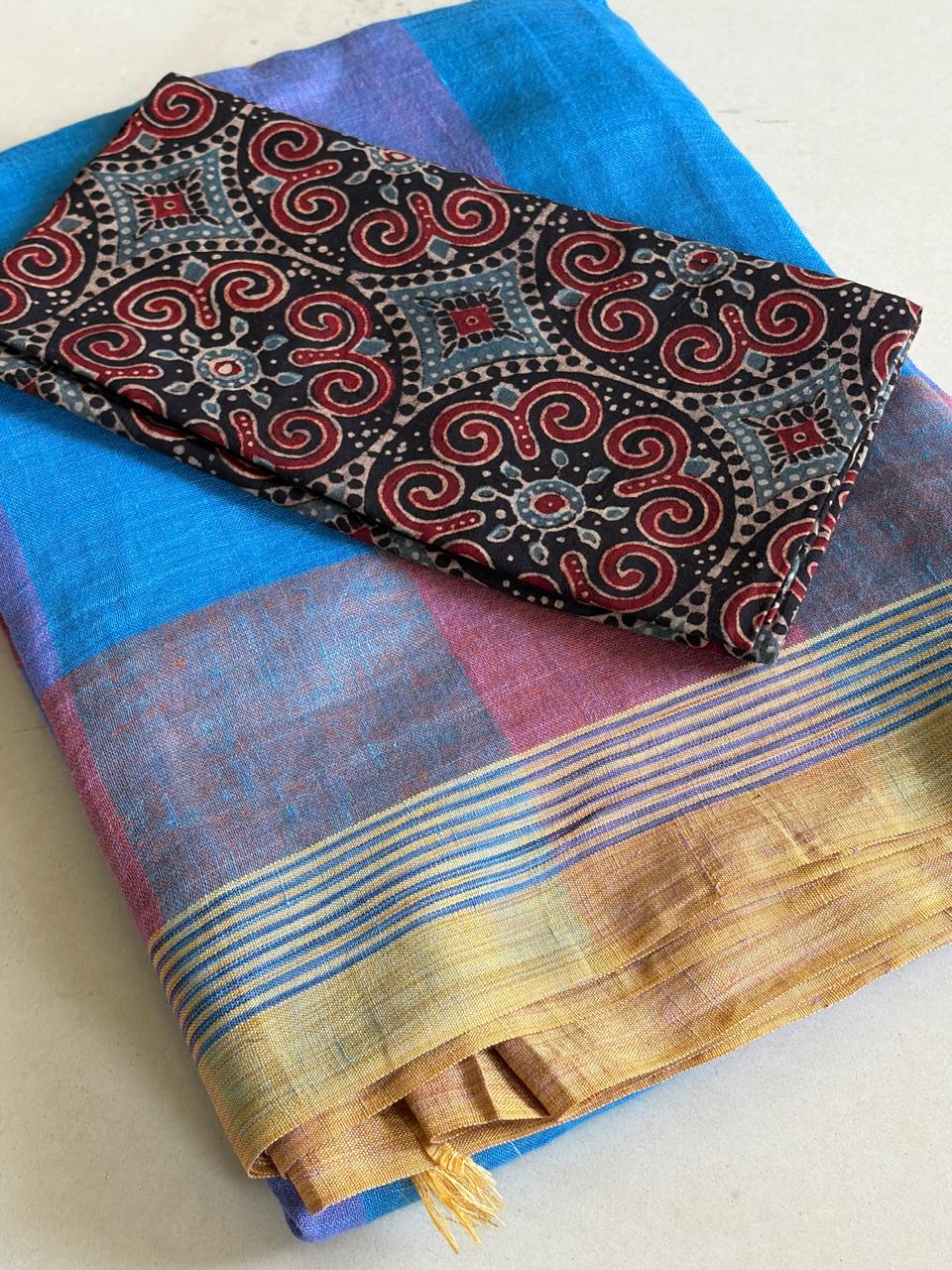 Pure Linen Handloom Saree with contrast border - Blue