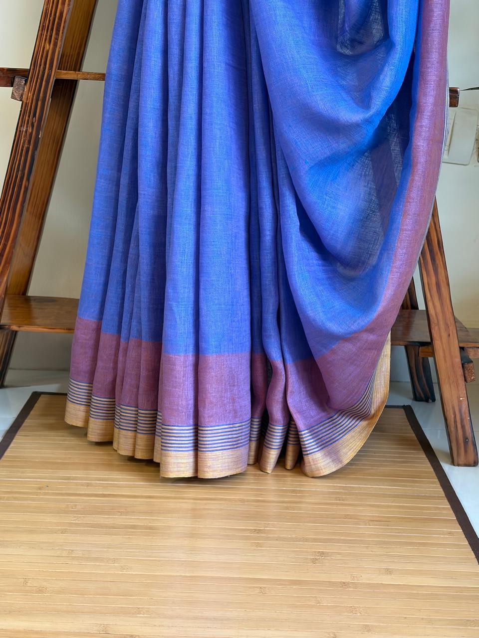 Pure Linen Handloom Saree with contrast border - Blue