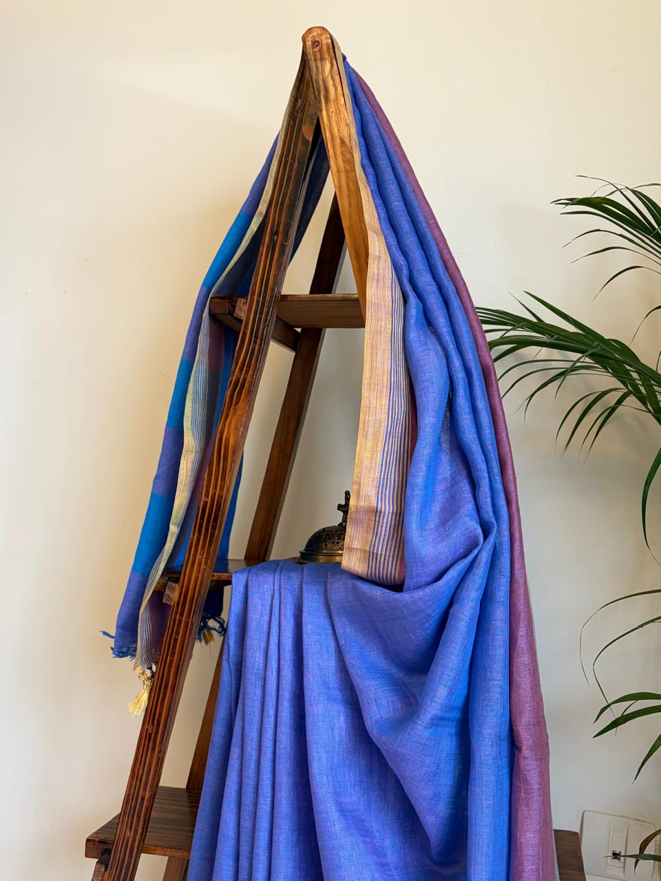 Pure Linen Handloom Saree with contrast border - Blue