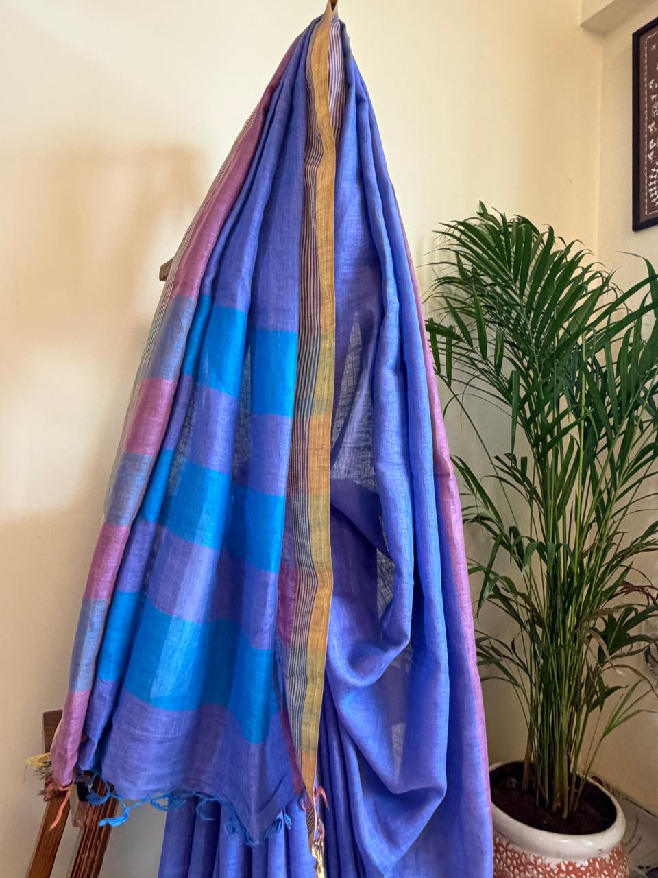 Pure Linen Handloom Saree with contrast border - Blue