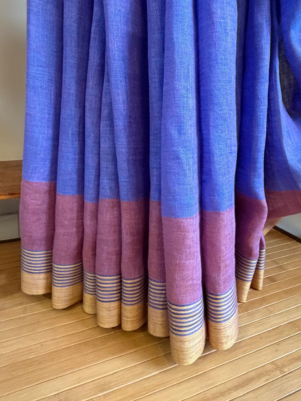 Pure Linen Handloom Saree with contrast border - Blue